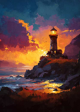 Lighthouse at Sunset Painting
