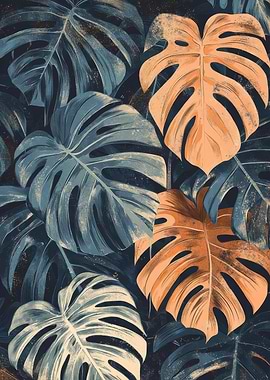 Monstera Leaf Pattern in Blue and Orange | Earthy Toned Monstera Poster