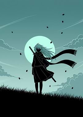Minimalist Anime Girl with Katana Poster – Black Silhouette Under Teal Dawn Sky