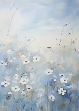 White Flowers Blue Field