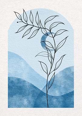 Botanical Line Art with Blue Watercolor