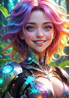Beautiful Cyborg Girl with Colorful Hair Portrait