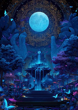 Blue Moonlit Fantasy Landscape
