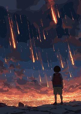 Boy Watching Meteor Shower Over City