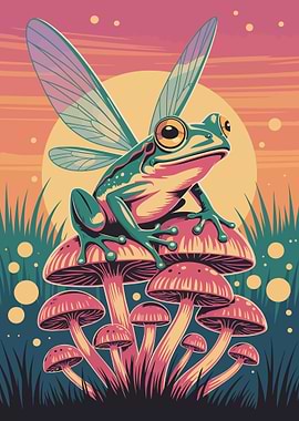 Frog with wings on mushrooms