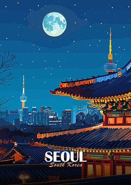 Seoul South Korea Nightscape Illustration