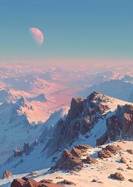Snowy Mountains with Pink Moon