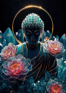 Serene Crystal Buddha with Luminous Lotus Flowers