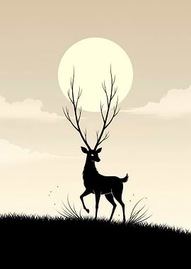Minimalist Anime Forest Spirit Deer Poster – Black Silhouette Under Cream Dawn Sky