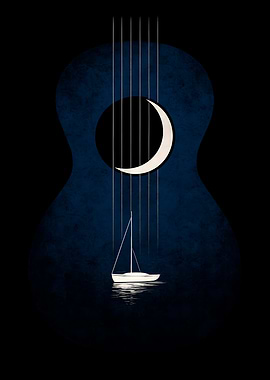 Guitar, Moon, and Sailboat Illustration