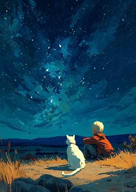 Boy and Cat Stargazing