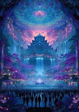 Fantasy Japanese Castle with Crowd