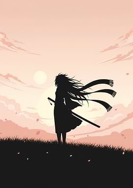 Minimalist Anime Girl with Katana Poster – Black Silhouette Under Peach Dawn Sky