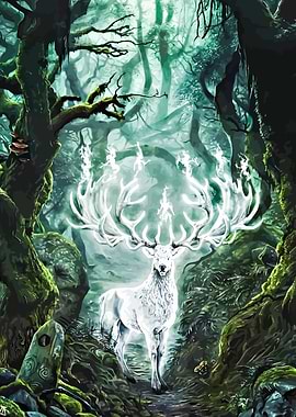 Mystical White Stag in Forest