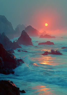 Coastal Sunset with Rocks and Waves