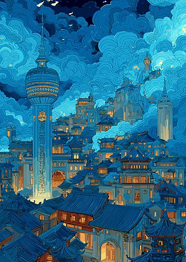 Blue Asian Cityscape with Tower
