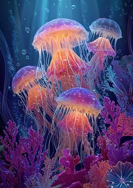 Glowing Jellyfish in Deep Blue Sea