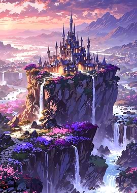 Fantasy Castle on Cliff with Waterfalls