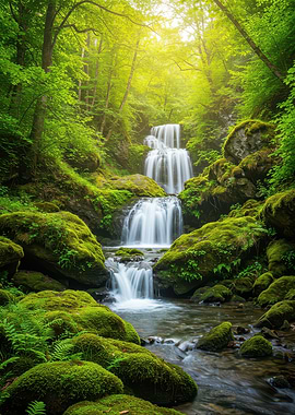 Lush Waterfall in Green Forest