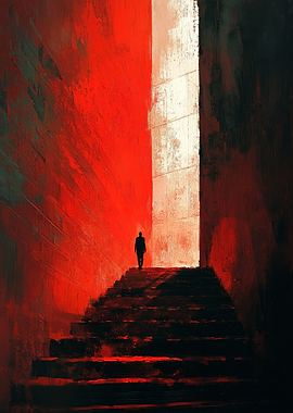 Man Ascending Red Stairway
