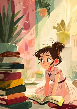 Girl Reading Book with Plants