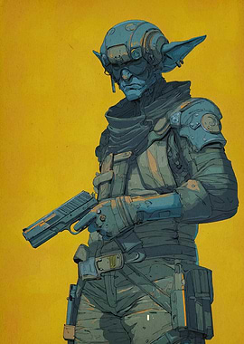 Futuristic Soldier with Gun on Yellow