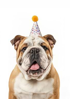 Bulldog with Party Hat