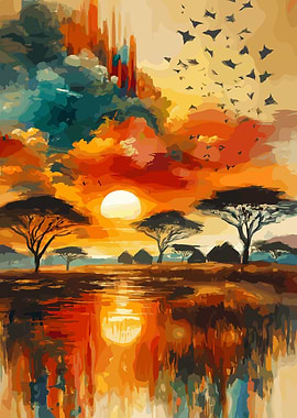 African Sunset Landscape Painting