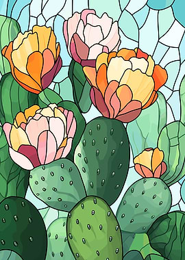 Blooming Cactus Stained Glass Style Art
