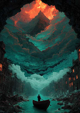 Surreal cityscape with boat and mountain.