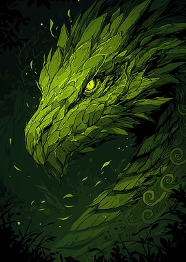 Green Dragon Head in Dark Forest