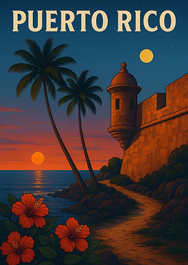 Puerto Rico Coastal Sunset Illustration