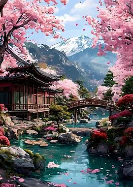 Japanese Garden with Cherry Blossoms