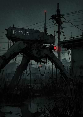 Dark Futuristic Tripod Robot in the Rain