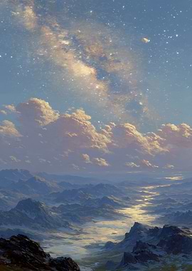 Mountain landscape under starry sky