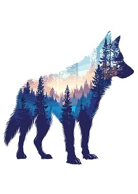 Wolf Silhouette with Forest Landscape