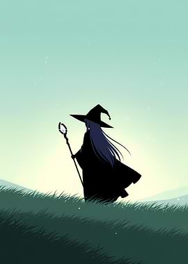 Minimalist Anime Witch Poster – Black Silhouette with Staff Under Mint Dawn Sky