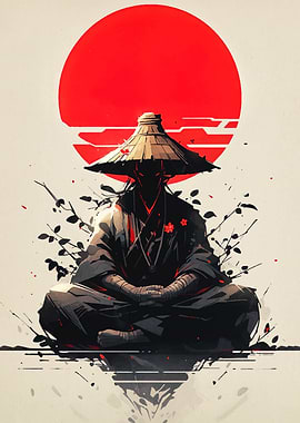 Meditating Samurai with Rising Sun