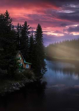Cabin by the Lake at Sunset