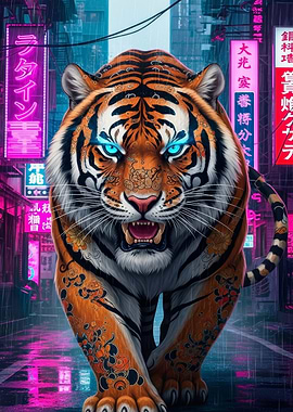 Cyberpunk Tiger in Rainy Cityscape