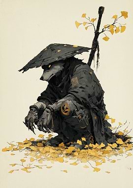 Wolf Samurai in Autumn Leaves