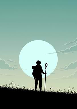 Minimalist Anime Traveler Poster – Black Silhouette Under Mint Dawn Sky