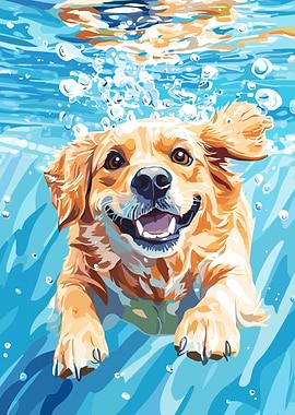 Happy Dog Swimming Underwater Illustration