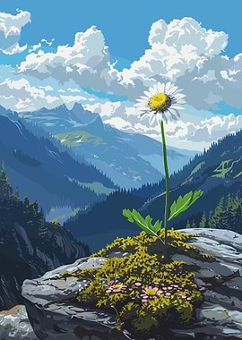 Daisy in Mountain Landscape Illustration