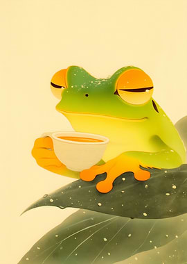 Frog Sipping Tea on a Leaf