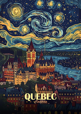 Quebec Cityscape with Starry Night Sky