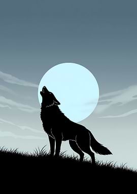Minimalist Anime Howling Wolf Poster – Black Silhouette Under Blue Dawn Sky