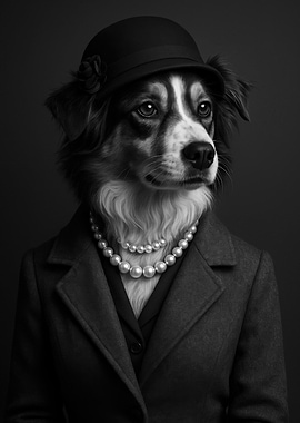 Elegant Australian Shepard Dog Portrait in Black and White