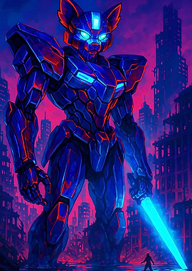 Cyberpunk red panda Robot in Ruined City