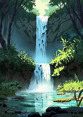 Lush Waterfall Landscape Illustration